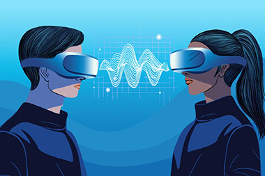Graphic of two people facing each other while wearing VR headsets. They are dressed in black turtle necks. 
